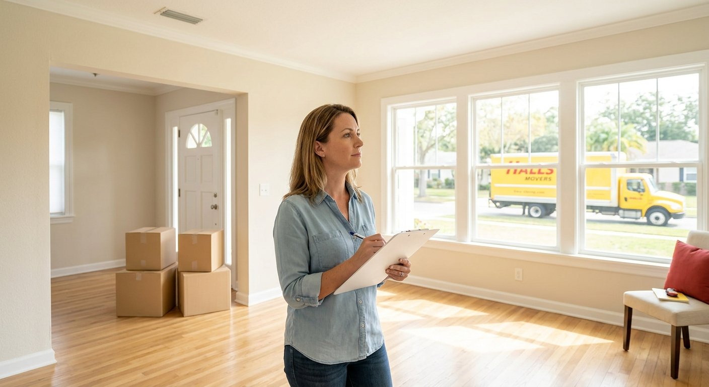 Woman with clipboard doing a walk-through of a bright, empty living room with a few sealed boxes visible near the doorway.