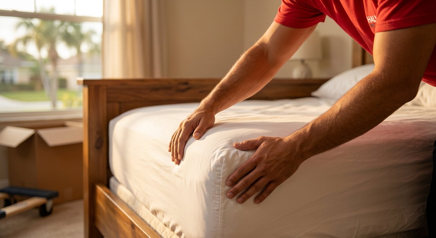 Close-up of hands tucking white bed sheets onto a mattress corner, wooden bed frame and blurred moving box in background