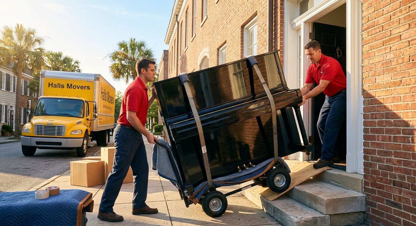 Two movers in uniform guiding a black upright piano on a dolly through a narrow brick rowhouse doorway, moving truck visible 