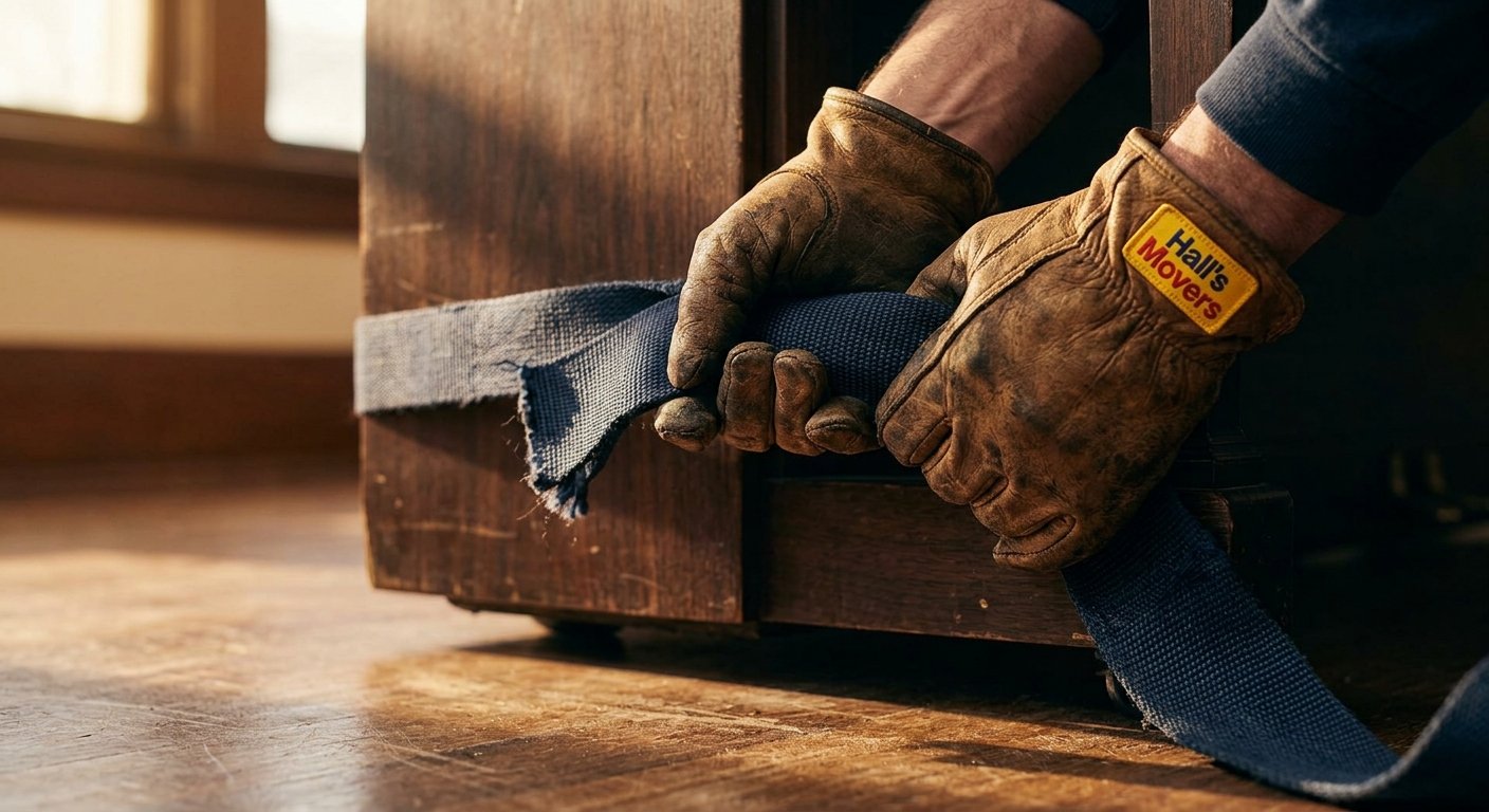 Gloved hands gripping a moving strap cinched around the base of an upright piano cabinet on a hardwood floor
