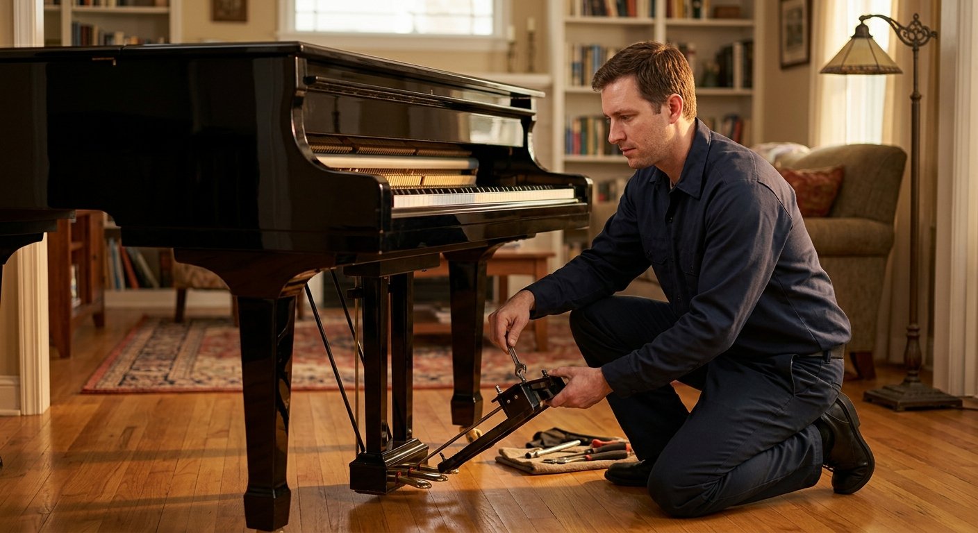 Piano technician kneeling beside a grand piano, unbolting the pedal lyre in a sunlit living room