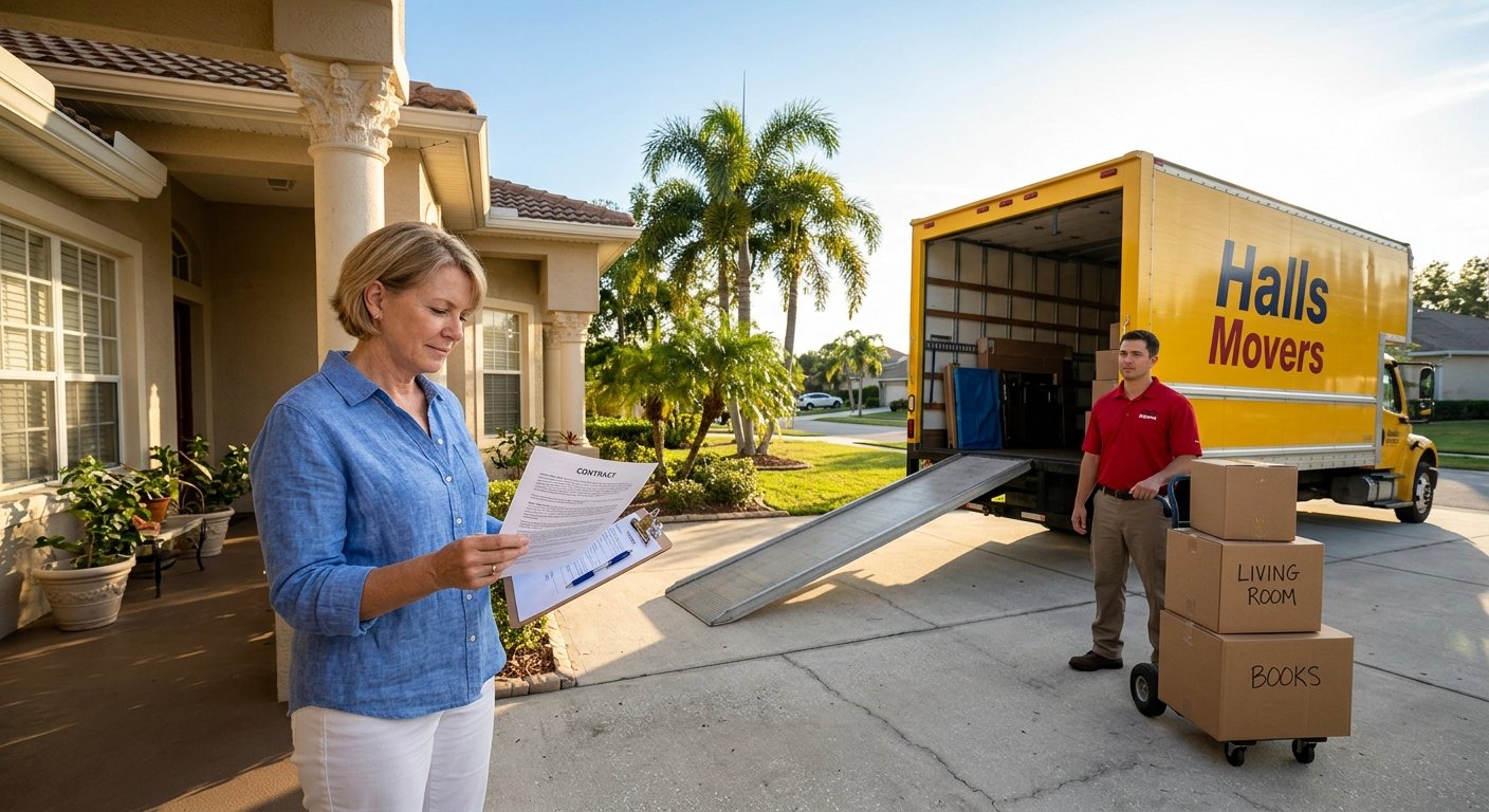 Homeowner on porch reading a moving contract while a mover waits beside a loaded truck in a Florida suburban driveway.