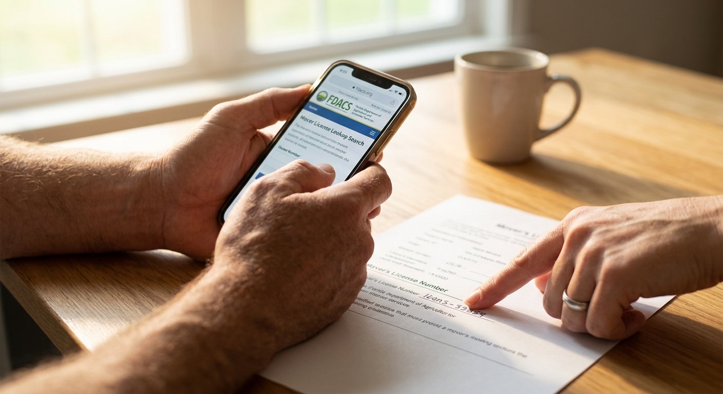 Hands cross-referencing a printed mover license number against a state website on a smartphone at a bright kitchen table