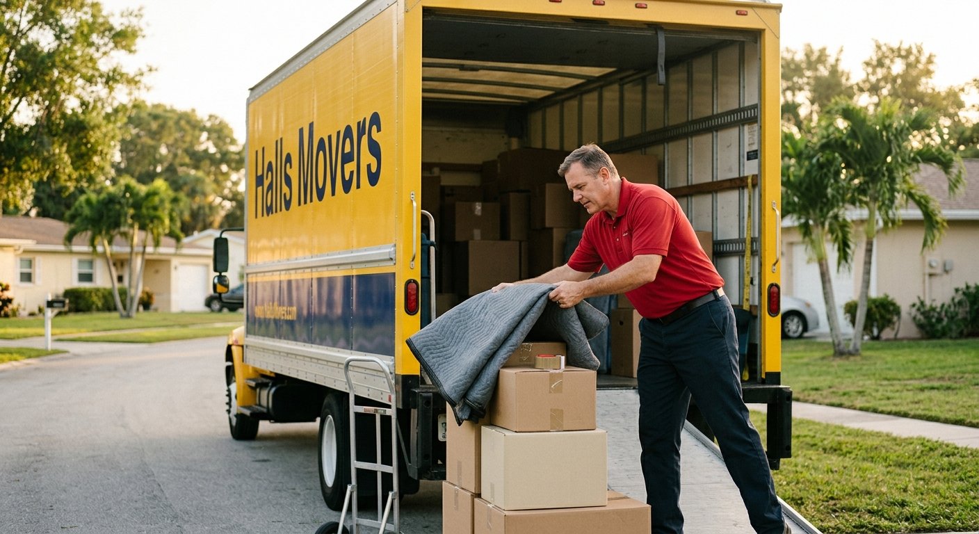 A mover in a polo shirt leans into a truck cargo bay mid-lift, inspecting packed boxes on a quiet residential street in morni