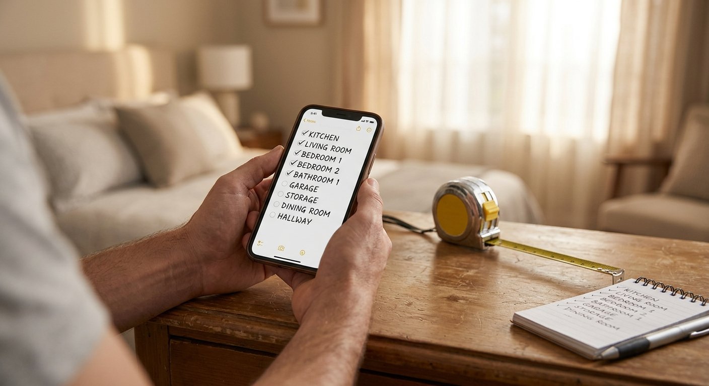 Hands holding a phone with a room inventory list, alongside a tape measure and notepad on a wooden dresser in morning light.